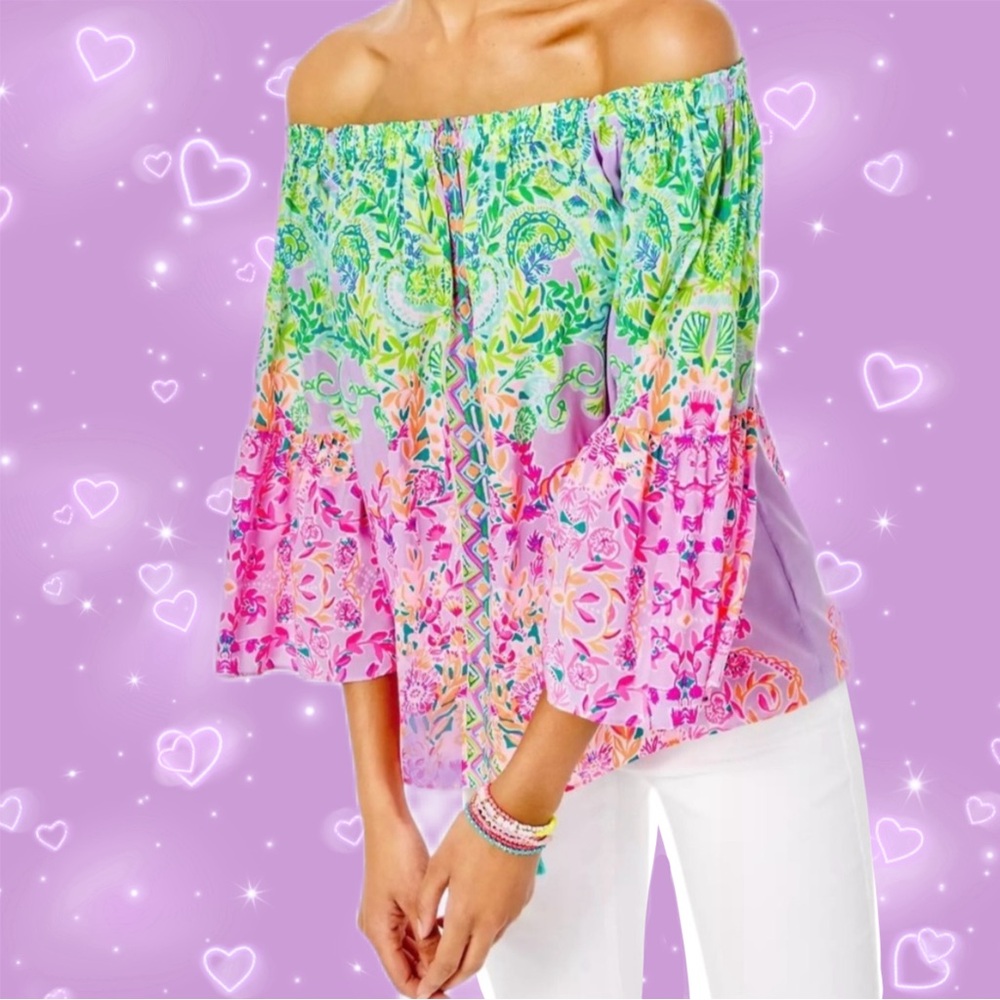 Lilly Pulitzer Nevie Top Multi Sunshine Vibes off the shoulder XL flowy top